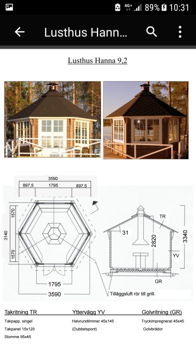 Ritningar och bilder av ett åttakantigt lusthus med måttangivelser och konstruktionsdetaljer för tak, väggar och golv.