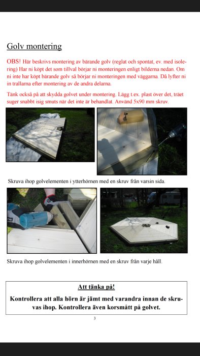 Instruktioner för montering av lusthusets golv med bilder på golvdelen på gräset, skruvning av golvelement och det färdiga golvet.