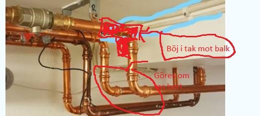 Kopparledningar med T-kopplingar och anteckningar om installationen under ett tak.