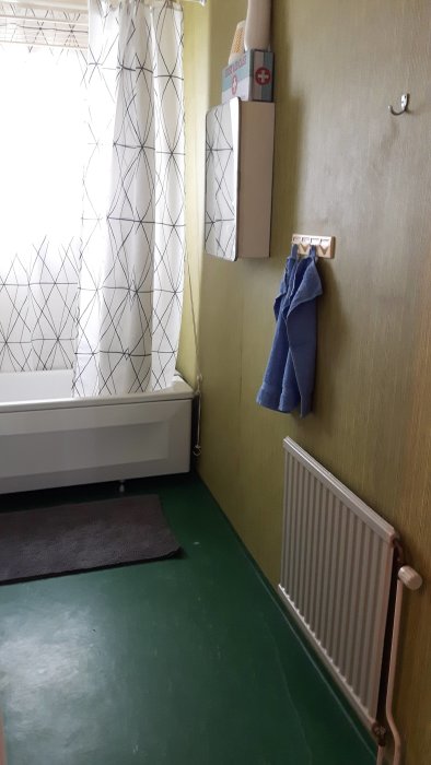 Orenoverat badrum med badkar och duschdraperi, ljusgrön golv, radiator och vägg i tapet.