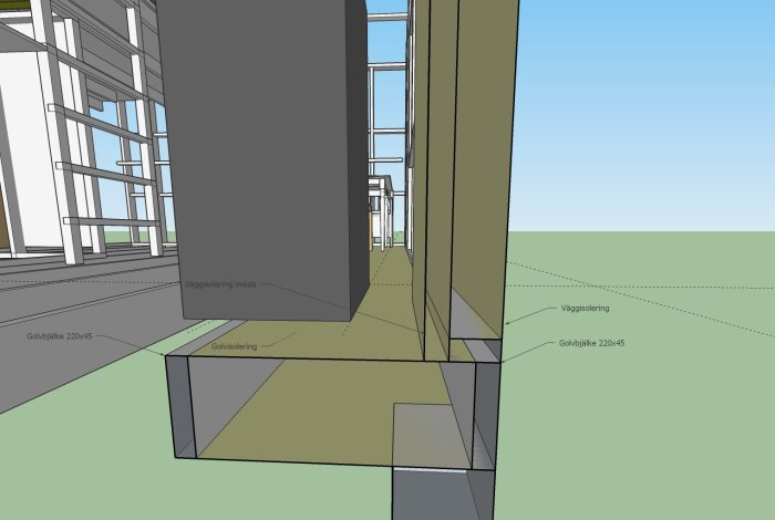 3D-skiss av stugas isoleringslösning med etiketter för vägg- och golvkonstruktion.