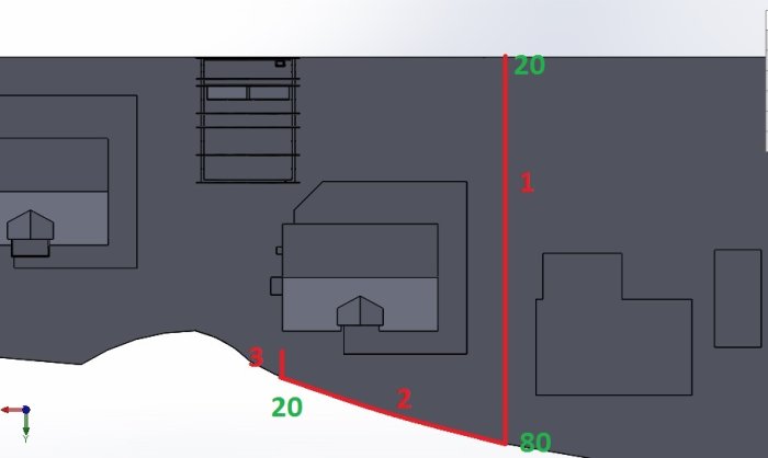 Planlayout för tomt med mätningar som visar slänten och platsen för en framtida stödmur.