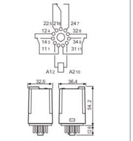 Schematisk bild av ett 11-pin relä med markerade kontaktgrupper och måttangivelser.