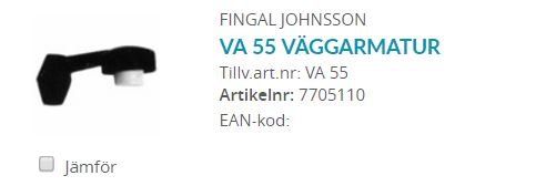 Svart vinklad väggarmatur med beteckningen VA 55 och artikelnummer 7705110.