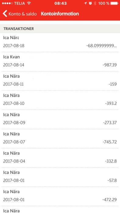 Skärmdump av en bankapp som visar flera transaktioner från ICA med varierande belopp i kronor.