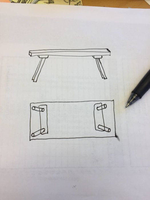 Handritad skiss av ett bord med ben monterade i hål i plankor, sedd ovanifrån och från sidan.
