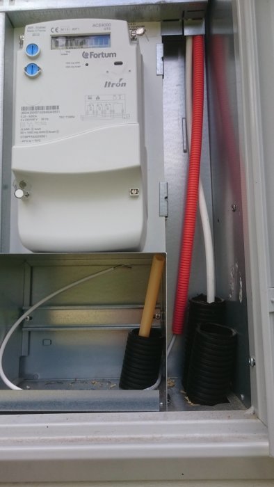 Ett öppet fasadskåp med en elkraftmätare och röda samt svarta rör med kablar för beredd fiberinstallation.