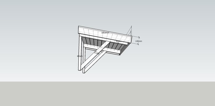 3D-skiss av ett enkelt entretak med måttangivelser, reglar och snedsträvor.