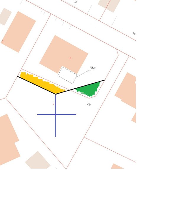 Tomtkarta som visar en föreslagen justering av tomtgränsen nära en altan för att förbättra tomtytan.