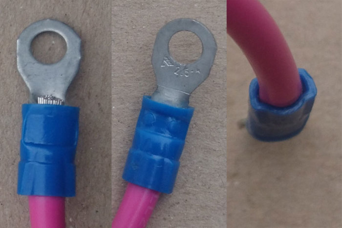 Tre närbilder av blå kabelskor; två visar framifrån och en från sidan, för att jämföra byggkvaliteten och plastmängden.