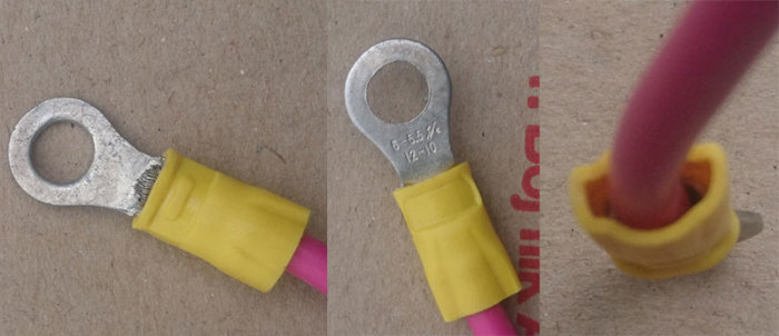 Tre bilder på rad som visar en gul kabelsko med blottad metallöverdel, en kopplad till rosa kabel och en närbild på dess plastisolering.
