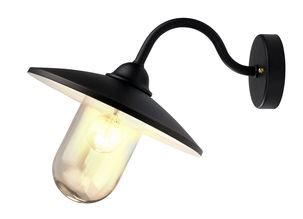 Svart, klassisk utomhusvägglampa med synlig lampa och böjd arm på en vit bakgrund.