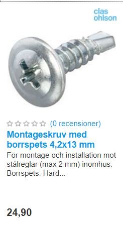 Montageskruv med krysspår och skivhuvud utan borrspets, mot vit bakgrund.