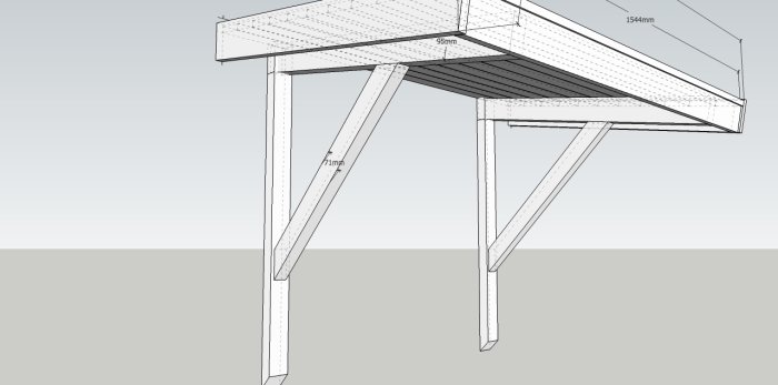 CAD-rendering av en föreslagen konstruktion för ett litet tak över en dörr, med angivna mått på stolpar och taköverhäng.