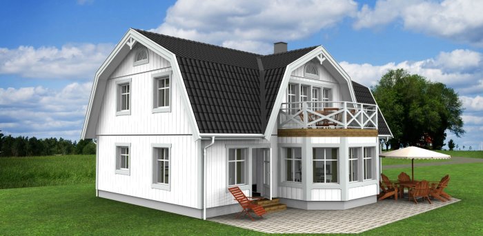 3D-rendering av vit villa med svart tak, veranda, uteplats och trädgårdsmöbler.