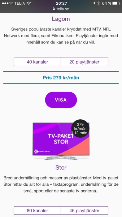 Skärmdump av Telias TV-paket erbjudande med information om priser och antal kanaler och playtjänster.