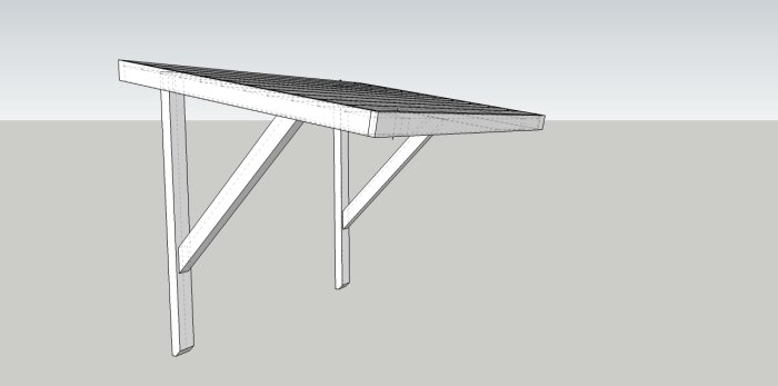 Skiss av takkonstruktion med dimensionerade träelement i en enkel 3D-modell mot en grå bakgrund.