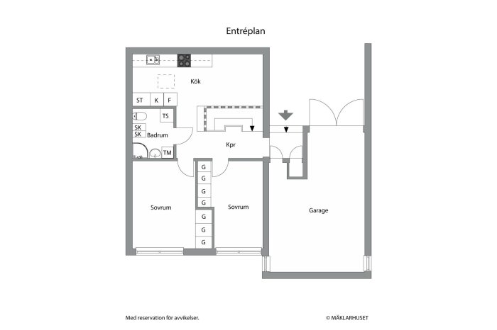 Planritning av entréplan i hus med kök, badrum och två sovrum anslutna till garage.