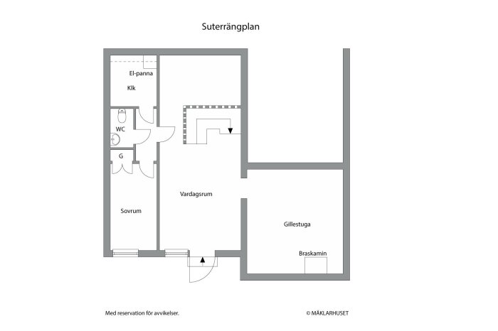 Planritning av sutterängplan med markerade rum såsom vardagsrum, sovrum, gillestuga, WC, samt position för braskamin.