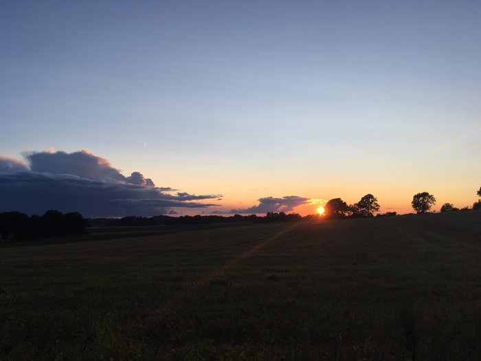 Solnedgång över fält med dramatiska moln på himlen efter åskskur.