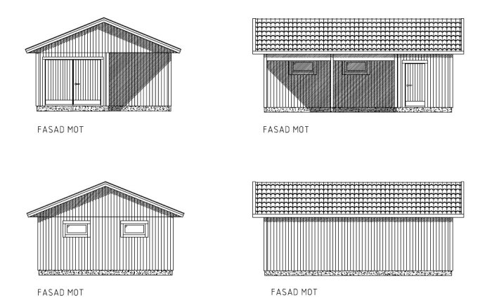 Ritningar av en L-format garage med förråd och intilliggande carport sett från olika vinklar.