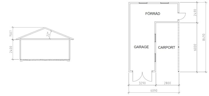 Ritningar som visar frontvy och planlösning för garage med carport och förråd, med angivna mått.