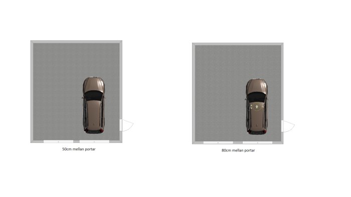 Två layoutalternativ för garage med en bil inuti och olika avstånd mellan portarna på 50cm och 80cm.