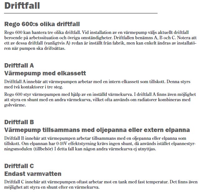 Skärmbild av en text om Rego 600s olika driftfall, inkluderar beskrivningar av Driftfall A med elkassett, Driftfall B med oljepanna och Driftfall C endast varmvatten.