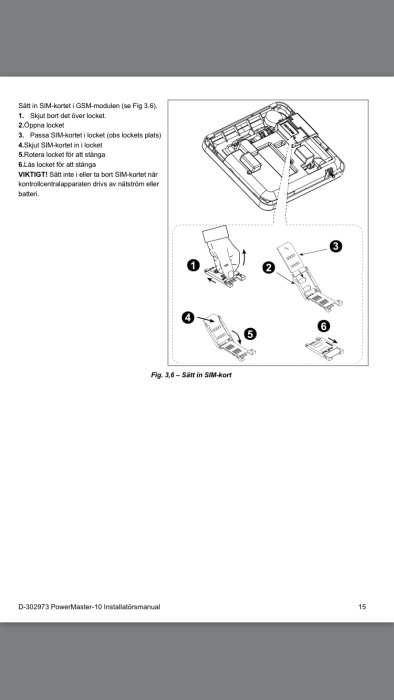 Instruktionsillustration för hur man sätter i ett SIM-kort i en GSM-modul.