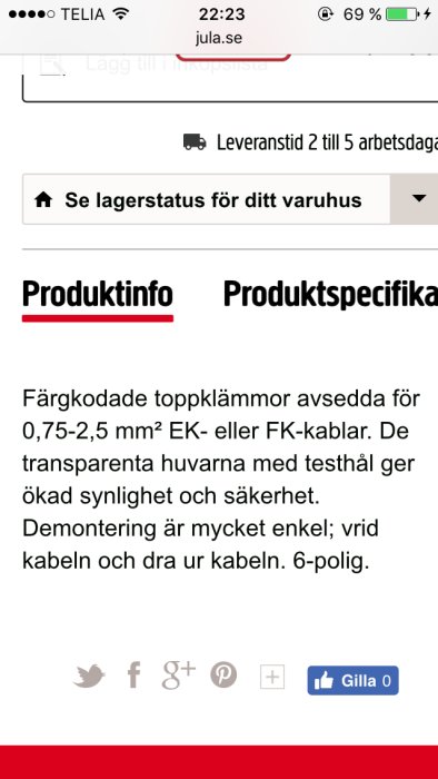 Skärmdump av en webbsida med produktinformation om färgkodade toppklämmor för kablar.