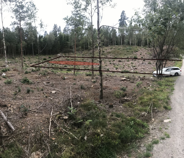 Blöt skogstomt med potentiell vattenansamling, avmärkt med rödfärg, nära parkerad bil.