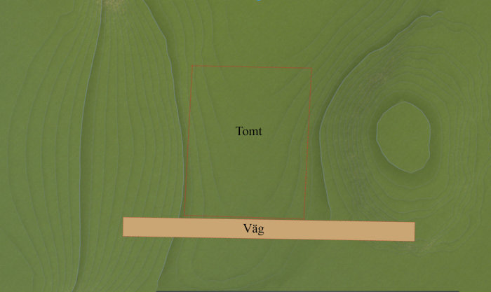 Topografisk karta över en potentiell tomt markerad med röda linjer belägen i en dalgång med konturlinjer.