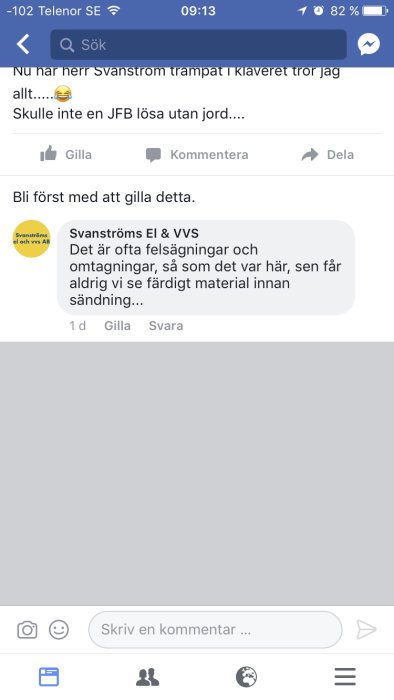 Skärmdump av Facebook-kommentarer om byggfel, med Svanströms El & VVS svar.