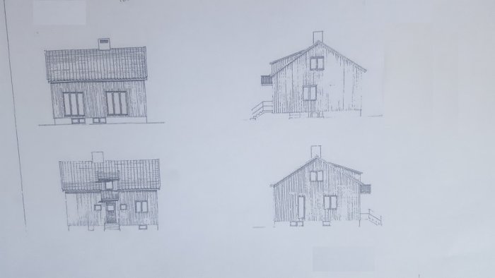 Illustration av ett 40-talshus, arkitektskisser föreställande olika vyer och renoveringsförslag.