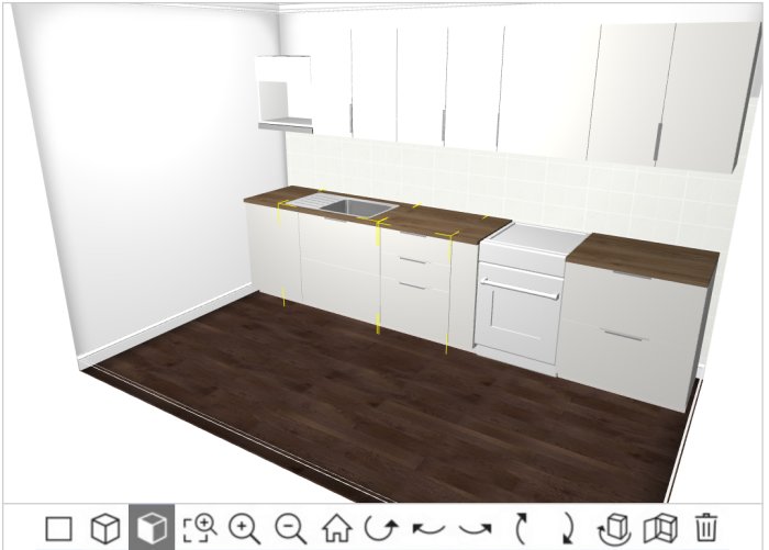 3D-skiss av ett planerat kök med vita skåp, trämönstrad bänkskiva och mörkt golv.