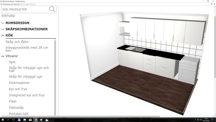 3D-skiss av ett modernt kök med vita skåp och mattsvart bänkskiva.