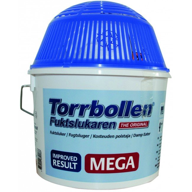 Förpackning av Torrbollen fuktslukare med blått lock och text på vit behållare.