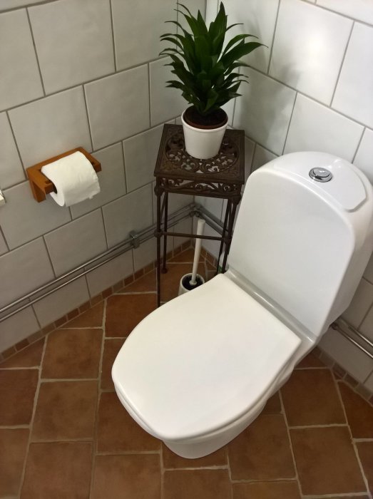 Renoverat badrum med vita kakelväggar, terrakottafärgat golv, toalettstol, rullhållare och en dekorativ planta på ett litet bord.