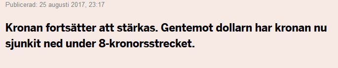 Skärmdump av text från Dagens Industri om att svenska kronan stärks mot dollarn.