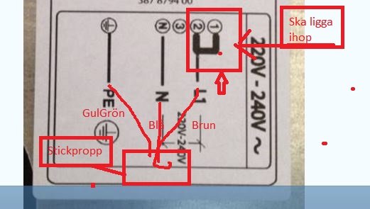 Elektrisk kopplingsschema med markeringar och text som betecknar var olika ledningar ska anslutas.