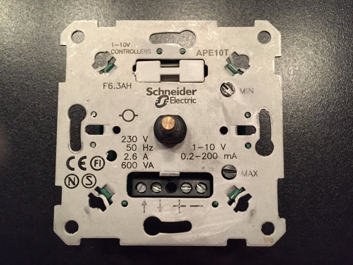 Eljo Trend dimmermekanism från Schneider Electric med justeringsratt och tekniska specifikationer.