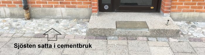 Ytavrinning vid husgrund med stuprör, sjösten i cementbruk och dagvattenbrunn.