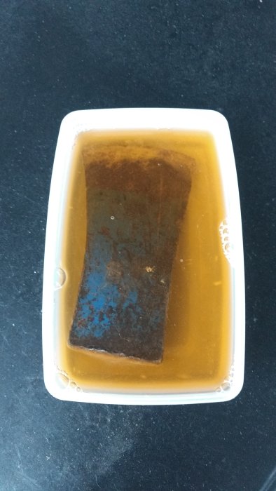 En rostig spik ligger i ett genomskinligt behållare fyllt med en brun vätska.