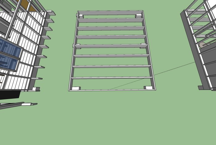 3D-modell av en träkonstruktion med reglar och balkskor illustrerar frågeställning om bärlinor och plintavstånd.