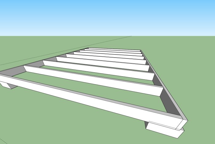 3D-modell av en träbalkskonstruktion med långa reglar och tvärgående bjälkar på en grön yta.