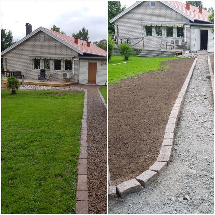 Före- och efterbilder av en husrenovering med en ny grusgång och förberedd trädgårdsyta.