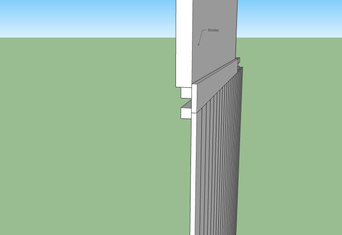 3D-modell av vägg med spikläktar runt ett fönster, beredd för ytterpanel och foder.