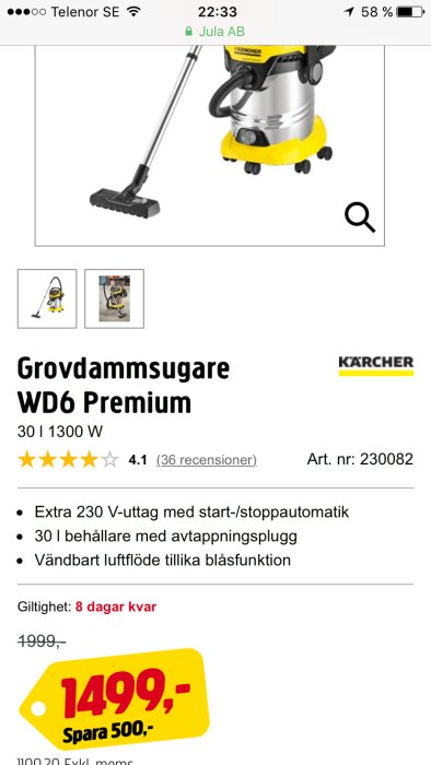 Kärcher WD6 Premium grovdammsugare med tillbehör och rea-priset 1499 kronor på Jula AB webbsida.