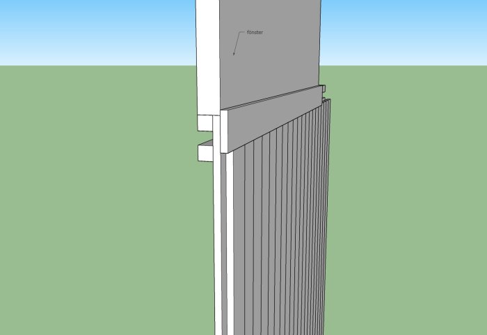 Ritad illustration av en husvägg med fönster, detaljer av ytterpanel och fönsterfoder.