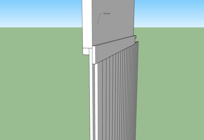 3D-modell av en hörndetalj med fönster, försänkt fönsterbleck, fodrade och panelade väggytor.